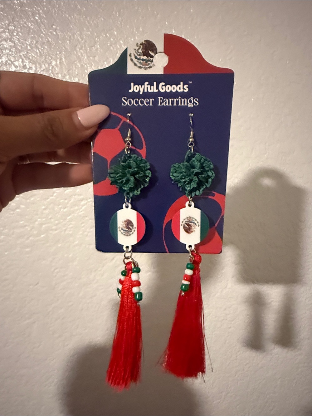 Mexico Soccer Statement Earrings – Red Tassel & Mexican Flag Dangle Earrings - Picture 2 of 3